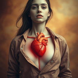 A surreal composition featuring a young woman with her shirt open to reveal a beating heart, artistically designed to blend human elements with anatomical detail