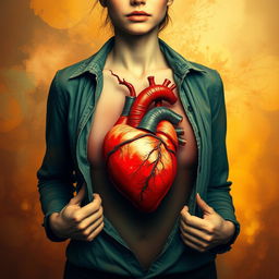 A surreal composition featuring a young woman with her shirt open to reveal a beating heart, artistically designed to blend human elements with anatomical detail