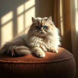 Aesthetic depiction of a graceful and fluffy Persian cat, showcasing its soft, long fur and expressive eyes