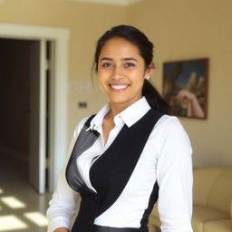 A young woman wearing a fitted white shirt under a formal black vest, standing in a well-lit room