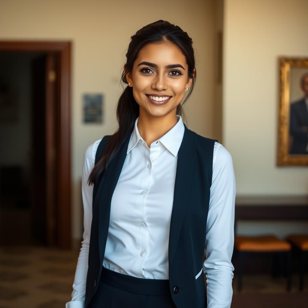 A young woman wearing a fitted white shirt under a formal black vest, standing in a well-lit room