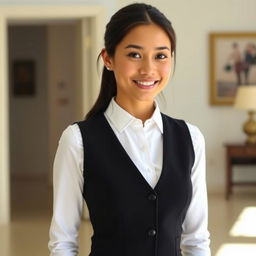 A young woman wearing a fitted white shirt under a formal black vest, standing in a well-lit room