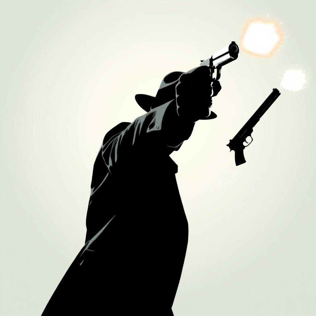 A detective heroically pointing a gun in a dynamic and dramatic pose, his silhouette contrasting against a clear, minimalistic background