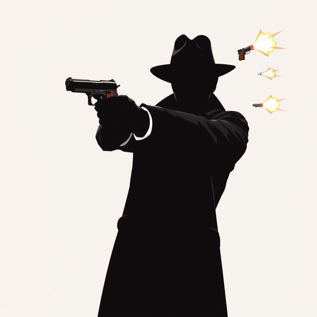 A detective heroically pointing a gun in a dynamic and dramatic pose, his silhouette contrasting against a clear, minimalistic background