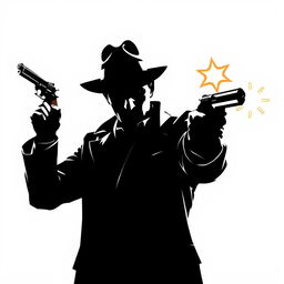 A detective heroically pointing a gun in a dynamic and dramatic pose, his silhouette contrasting against a clear, minimalistic background