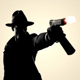 A detective heroically pointing a gun in a dynamic and dramatic pose, his silhouette contrasting against a clear, minimalistic background