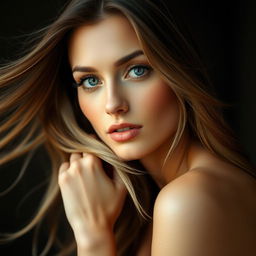 Beautiful woman, captivating gaze, natural beauty, flowing hair, emphasizing elegance, graceful pose, soft lighting accentuating curves