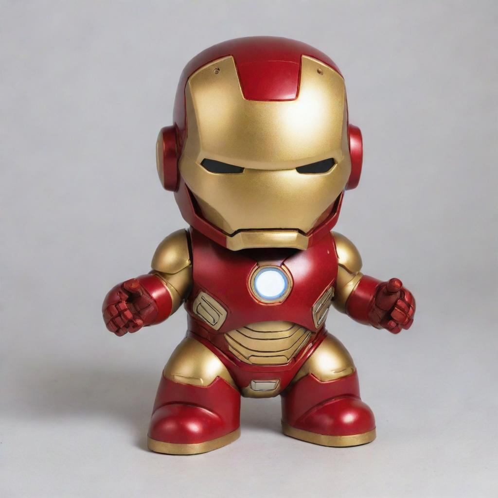 A cute, baby-sized version of Iron Man, featuring bright red and gold colors with a friendly expression on the helmet and small, chubbier features to emphasize youth.