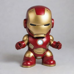 A cute, baby-sized version of Iron Man, featuring bright red and gold colors with a friendly expression on the helmet and small, chubbier features to emphasize youth.