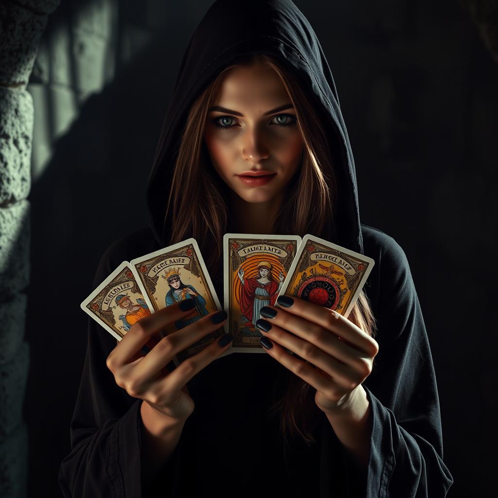 A mysterious woman wearing a hood, holding tarot cards in her hand