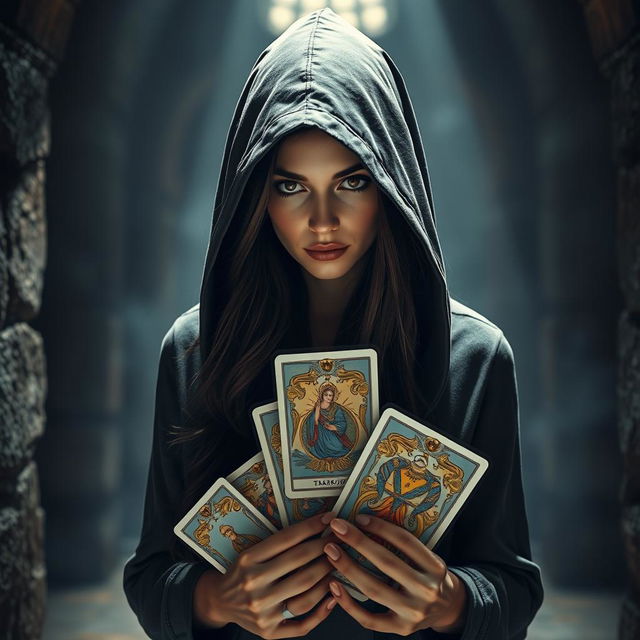 A mysterious woman wearing a hood, holding tarot cards in her hand