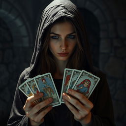 A mysterious woman wearing a hood, holding tarot cards in her hand