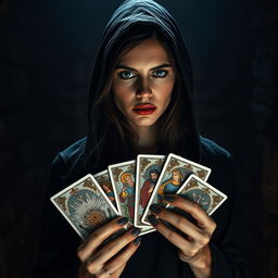 A mysterious woman wearing a hood, holding tarot cards in her hand