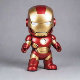 A cute, baby-sized version of Iron Man, featuring bright red and gold colors with a friendly expression on the helmet and small, chubbier features to emphasize youth.