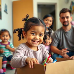 A cheerful 3-year-old Latina girl with short, curly black pigtails, a wide smile, and prominent facial features such as a large forehead and chubby cheeks