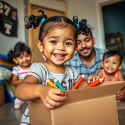 A cheerful 3-year-old Latina girl with short, curly black pigtails, a wide smile, and prominent facial features such as a large forehead and chubby cheeks