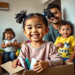 A cheerful 3-year-old Latina girl with short, curly black pigtails, a wide smile, and prominent facial features such as a large forehead and chubby cheeks