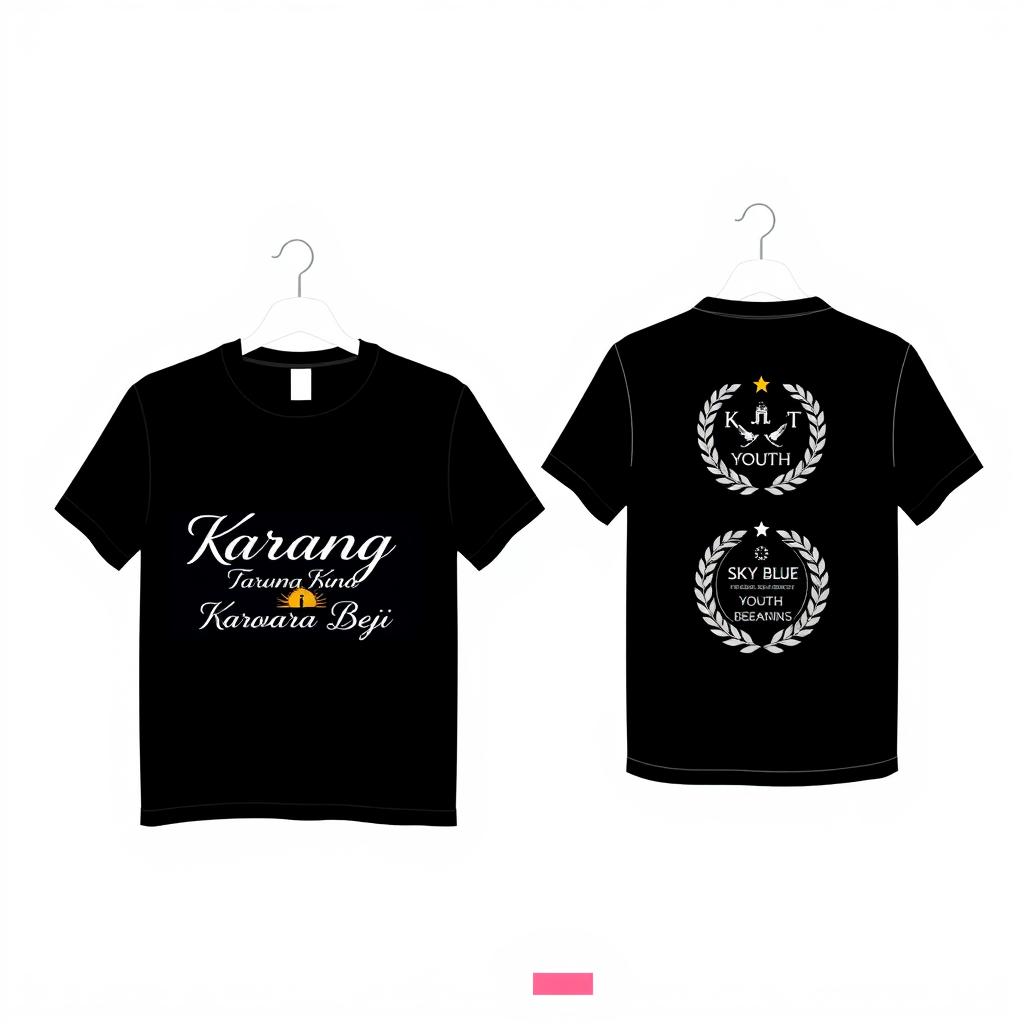 Front and back T-shirt design featuring the name "Karang Taruna Bina Karya Beji" with a theme of independence and youth empowerment