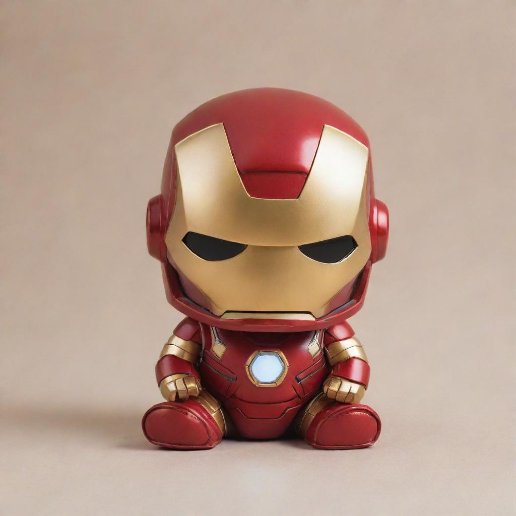 A cute, baby-sized version of Iron Man, featuring bright red and gold colors with a friendly expression on the helmet and small, chubbier features to emphasize youth.