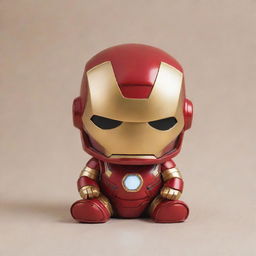 A cute, baby-sized version of Iron Man, featuring bright red and gold colors with a friendly expression on the helmet and small, chubbier features to emphasize youth.