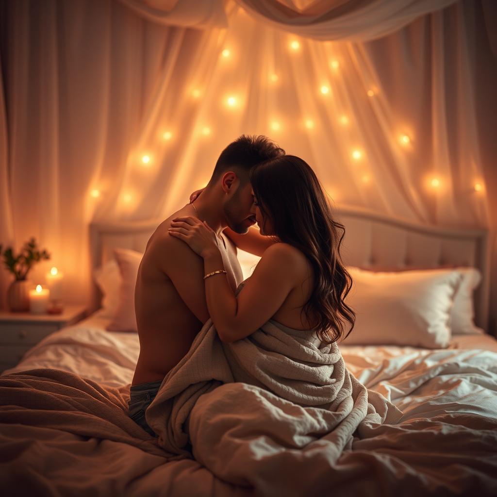 A tasteful, romantic scene depicting a couple embracing in a softly lit bedroom