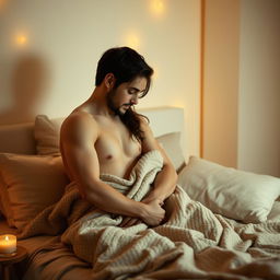 A tasteful, romantic scene depicting a couple embracing in a softly lit bedroom