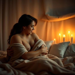 A tasteful, romantic scene depicting a couple embracing in a softly lit bedroom