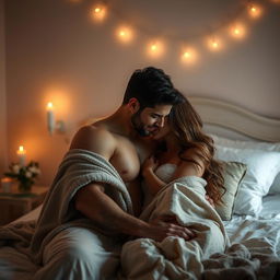 A tasteful, romantic scene depicting a couple embracing in a softly lit bedroom