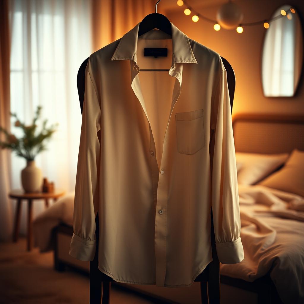 A stylish, open-collar shirt hanging on a chair in a softly lit room, exuding an aura of intimacy and elegance