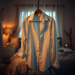 A stylish, open-collar shirt hanging on a chair in a softly lit room, exuding an aura of intimacy and elegance