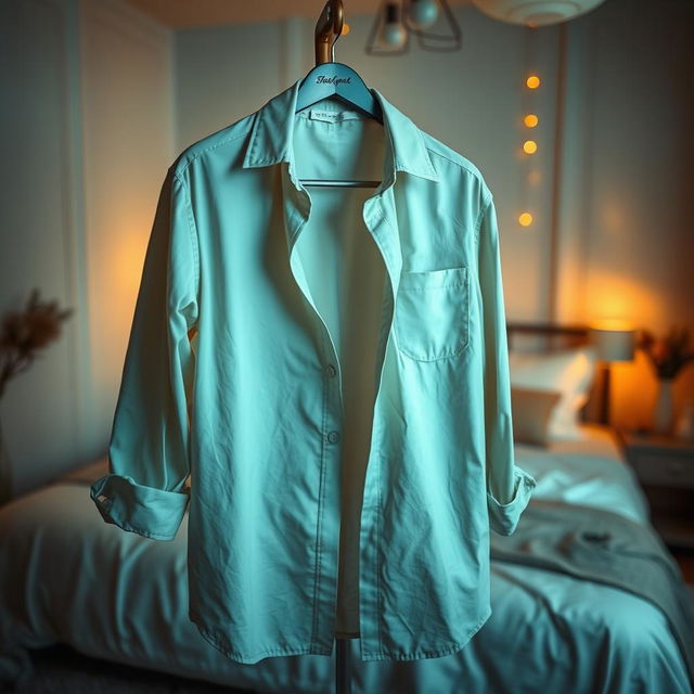 A stylish, open-collar shirt hanging on a chair in a softly lit room, exuding an aura of intimacy and elegance