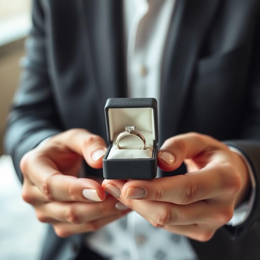 A man holding a wedding ring in a classy box