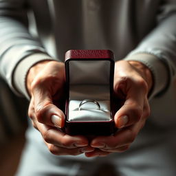 A man holding a wedding ring in a classy box