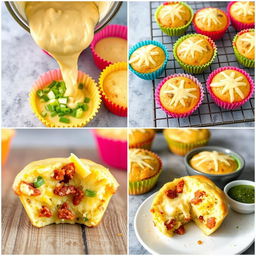 A creative collage of keto eggy muffins showcasing different stages and perspectives