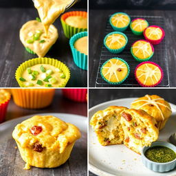 A creative collage of keto eggy muffins showcasing different stages and perspectives