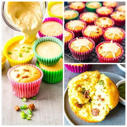 A creative collage of keto eggy muffins showcasing different stages and perspectives