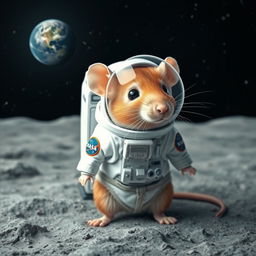 A cute rat dressed in an astronaut suit, standing on the moon's surface