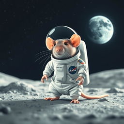 A cute rat dressed in an astronaut suit, standing on the moon's surface