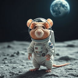 A cute rat dressed in an astronaut suit, standing on the moon's surface