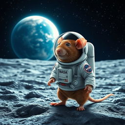 A cute rat dressed in an astronaut suit, standing on the moon's surface