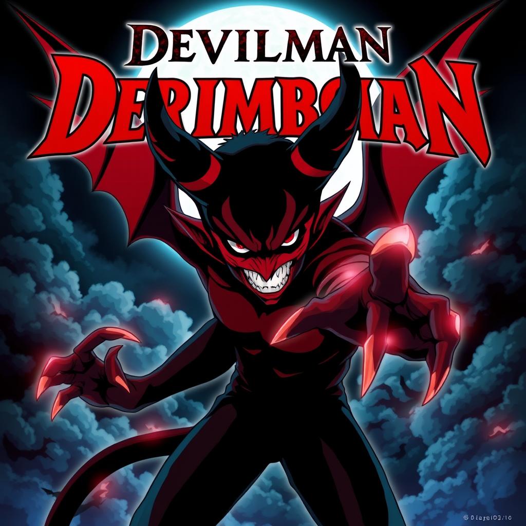 anime-style poster of Devilman Grimoire, featuring the iconic Devilman character in a dynamic, dramatic pose