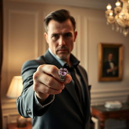 A serious man holding a wedding ring