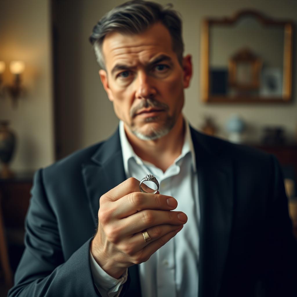 A serious man holding a wedding ring