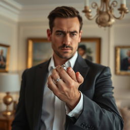 A serious man holding a wedding ring