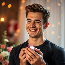 a handsome young man with a charming smile holding a small engagement ring box, looking elated, in a romantic setting filled with soft ambient lighting and flowers around him