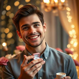 a handsome young man with a charming smile holding a small engagement ring box, looking elated, in a romantic setting filled with soft ambient lighting and flowers around him