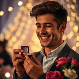 a handsome young man with a charming smile holding a small engagement ring box, looking elated, in a romantic setting filled with soft ambient lighting and flowers around him