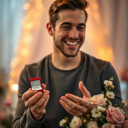 a handsome young man with a charming smile holding a small engagement ring box, looking elated, in a romantic setting filled with soft ambient lighting and flowers around him