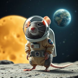 A cute rat dressed in an astronaut suit, standing on a surface with a cheese moon in the background