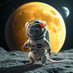 A cute rat dressed in an astronaut suit, standing on a surface with a cheese moon in the background